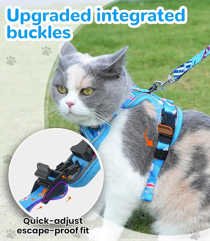 Halypet Cat Harness and Leash Set for Walking, Escape Proof Adjustable Vest Harness with 3-in-1 Integrated Buckles, Easy Control Soft Breathable Mesh with Reflective Strips for Cats, S, Ocean Blue