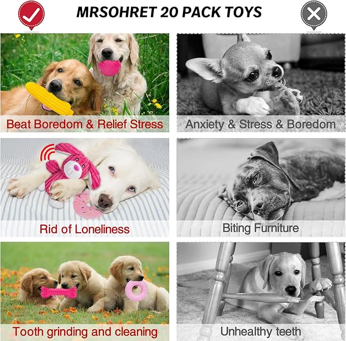20Pcs Puppy Chew Toys for Teething, Dog Chew Rope Toys, Pet Dog Toothbrush, Treat Balls, Plush Squeaky Toy for Small Medium Dogs with Basket