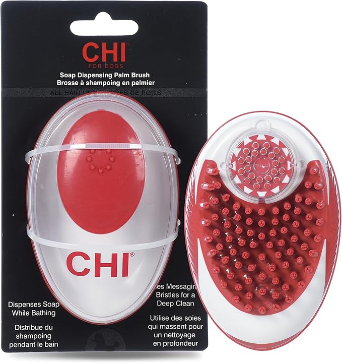 CHI for Dogs Soap Dispensing Palm Brush - Handheld Dog Grooming Tool with Built-in Soap Dispenser - Easy-to-Use Dog Brush for Bathing and Massaging Coats - Gentle on Skin