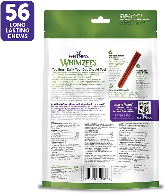 Wellness WHIMZEES Stix Dog Dental Treats, Natural Chews, Extra Small Size Stick, (56 Count)