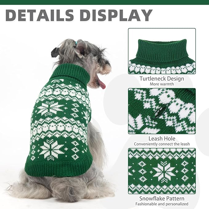 KOOLTAIL Cable Knit Dog Sweater Turtleneck, Cold Weather Pullover Classic Knitwear, Snowflake Pattern Thick Warm Winter Pet Clothes, Dog Christmas Sweater for Small Medium Large Dogs Cats,Green SM