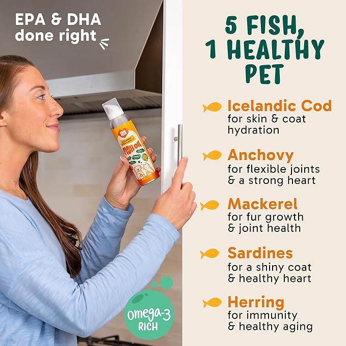 Omega 3 Fish Oil for Cats (5 oz) - Icelandic Fish Oil Liquid Cat Supplement with EPA DHA for Skin, Coat & Joint Health - Natural Pet Supplement - Leak-Free Aluminum Spray Bottle