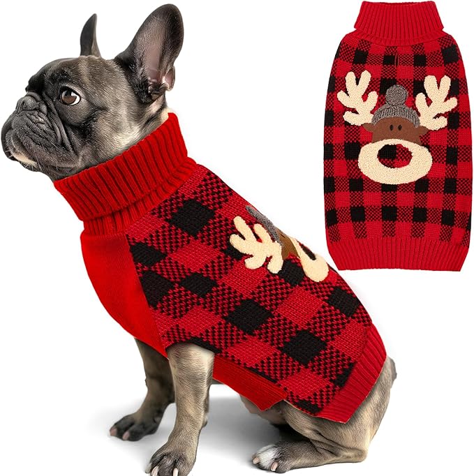 KYEESE Dog Christmas Sweater Reindeer Small Dogs Christmas Sweater Red Buffalo Check with Leash Hole Pet Sweater with Dog Christmas Outfit Pet Clothes,M