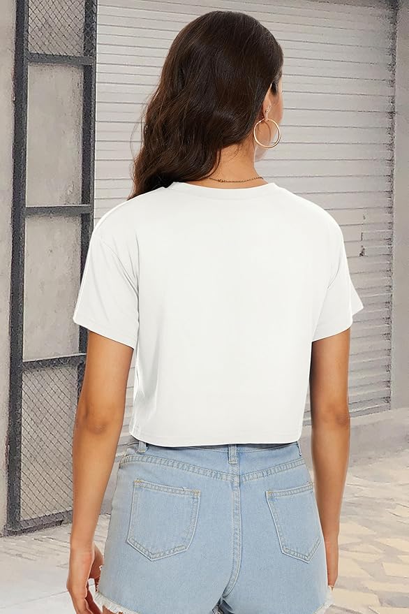 Womens Summer Crop Tops Short Sleeve Round Neck T-Shirts Loose Fit Casual Blouse