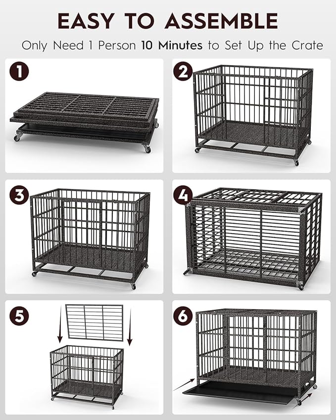 48In Heavy Duty Dog Crate, Indestructible Escape-Proof Kennel for Large Dogs, XL Dog Crates, Double Door, with Removable Tray and Wheels, Ideal for High-Anxiety Dogs