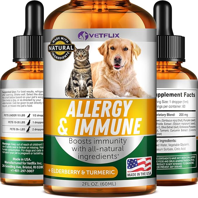 Allergy & Immune Drops for Dogs & Cats - Natural Supplement with Turmeric & Milk Thistle - Seasonal Allergy Relief & Immune Support - 2 Fl Oz