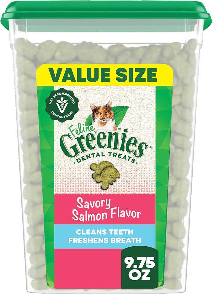 Greenies Feline Veterinarian-Recommended Adult Natural Dental Cat Treats, Savory Salmon Flavor, 9.75 oz. Tub