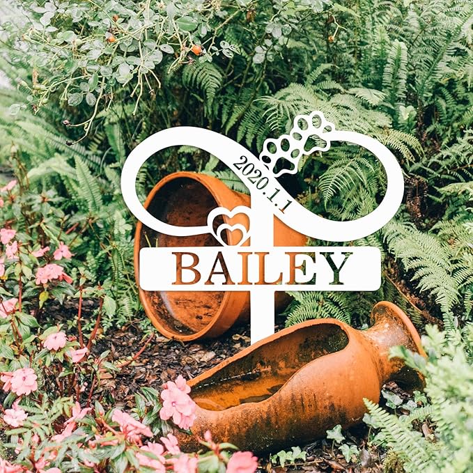 Personalized Dog Memorial Grave Marker with Hearts Paws, Custom Dog Name Memorial Stake Metal Engraved Sign, Dog Memorial Sign with Stake Pet Headstone Memorial Plaque Burial Stake for Dog