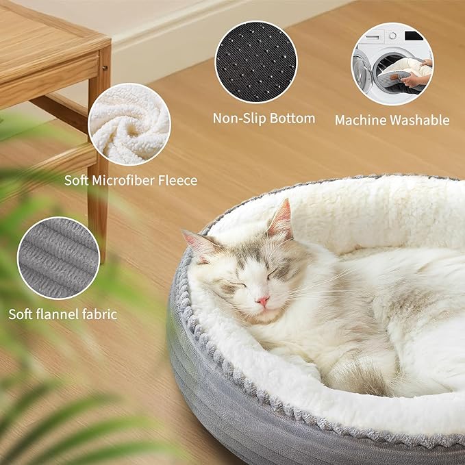 23in Round Cat Dog Bed for Large Medium Small Dogs Cats, Machine Washable Sleeping Sofa, Non-Slip Bottom Breathable Soft Calming Pet Cuddler for Indoor/Outdoor/Car/Cage, Light Grey