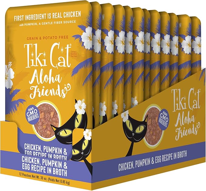 Tiki Cat Aloha Friends, Chicken, Pumpkin & Egg, Grain-Free & High Moisture, Wet Cat Food for All Life Stages 2.5 oz. Pouch (12 Count)