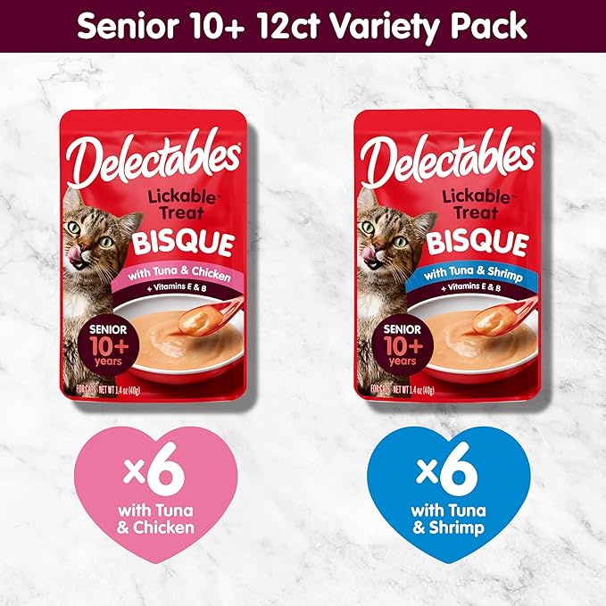 Hartz Delectables Lickable Treat Bisque Senior 10+ Wet Cat Treat Variety Pack, Food Topper, Hydrating, Grain-Free, No Fillers, No by-Products, No Added Preservatives, 1.4oz Pouch, 12ct