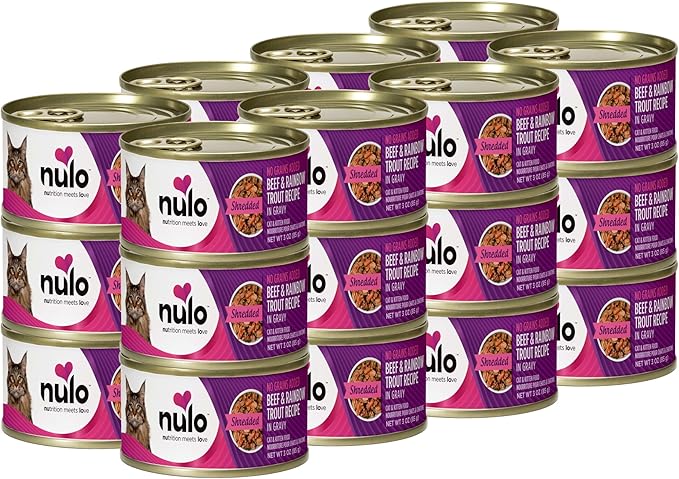 Nulo Beef & Rainbow Trout Grain-Free Shredded Wet Canned Cat Food, 3 Ounce (Pack of 24)