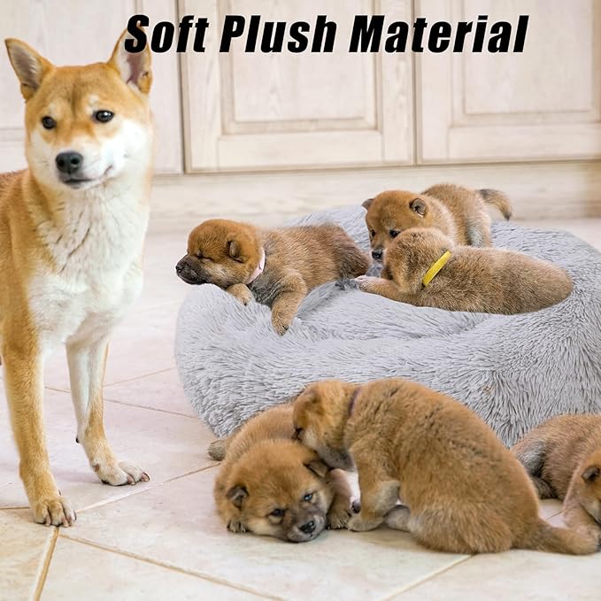 Calming Dog Bed, Dog Beds Fits up to 15 lbs Pets, Fluffy Donut Dog & Cat Bed Washable, Round Anti Anxiety Dog Bed, Small Dog Bed with Non-Slip Bottom (Light Grey, 20" x 20")