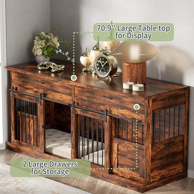 70.9" Dog Kennel Indoor Large, Wooden Farmhouse Dog Crate Furniture with with Divider, Furniture Dog Crate Large Dog