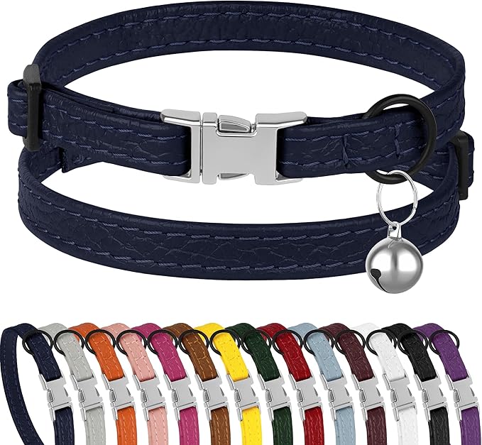 Leather Cat Collar with Buckle and Removable Bell - Non Breakaway Adjustable Soft Safety Small Pet Collars for Girl Boy Cats Kitten (Navy Blue)