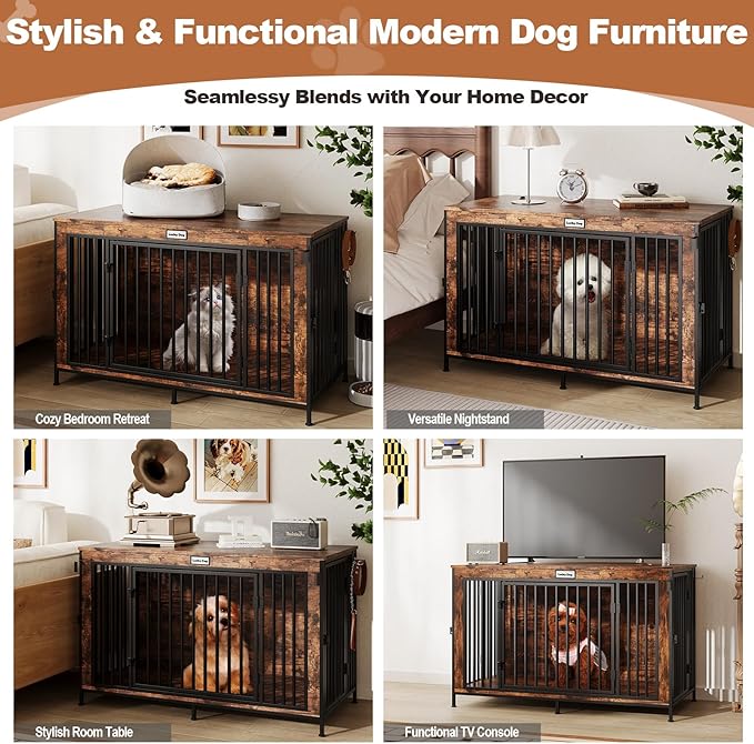 XL Dog Crate Furniture 48'' | Extra Large Heavy Duty Anti-Chew Dog Kennel | Rustic Wooden Cage End Table with 350LB Top Capacity | Escape Proof Double Door Pet House TV Stands