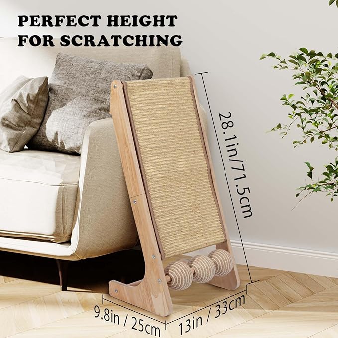 Cat Scratcher with Ball - 28 Inch Cat Scratch Ramp for Indoor,Wooden Climbing Cat Scratching Post Furniture (L with Ball)