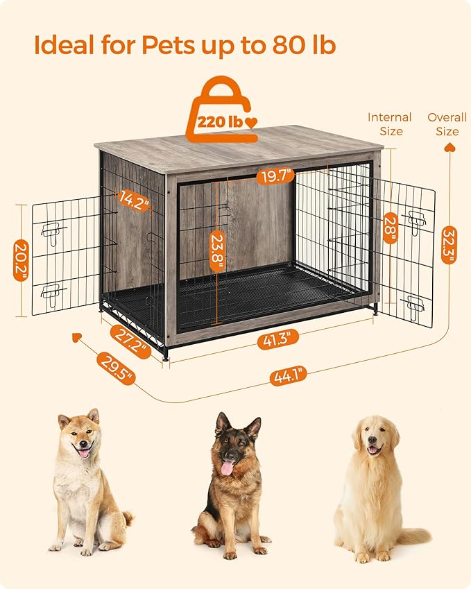 Feandrea Dog Crate Furniture, 44.1" Side End Table, Modern Kennel for Dogs Indoor up to 80 lb, Heavy-Duty Dog Cage with Multi-Purpose Removable Tray, Double-Door Dog House, Greige UPFC004G01