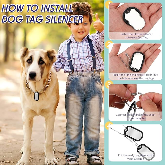 Weewooday 8 Pcs Dog Tag Silicone Silencer Military Engraved Dog Tag with 4 Stainless Steel Chain Black Army Pet Tags Cover Rubber ID Protector for Collar Reduce Noise