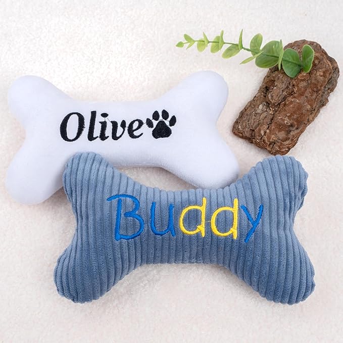 2025 Personalized Squeaky Dog Toys, Embroidered Bone Shape Corduroy Pet Pillow 8"x5"with Name, Dog Chew Puzzle Toy Custom Color Birthday Gifts for Small Medium Dogs