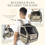 Camouflage Foldable Cat Backpack Carrier, Airline-Friendly, Cat Hiking Backpack Ventilated for Travel, Safety Tether Clip, 600D Oxford Fabric (Small Dogs/Cats)