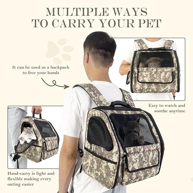 Camouflage Foldable Cat Backpack Carrier, Airline-Friendly, Cat Hiking Backpack Ventilated for Travel, Safety Tether Clip, 600D Oxford Fabric (Small Dogs/Cats)