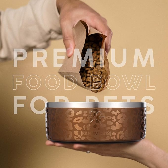 64 OZ Dog Bowl with Slow Feeder Insert Stainless Steel Pet Water Bowl for Medium & Large Breed Non Slip Rubber Base & Plastic Puzzle Feeder - Gold Leopard