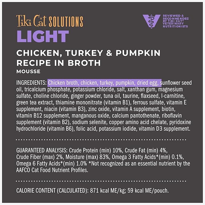Tiki Cat Solutions Light Mousse, Chicken, Turkey & Pumpkin, Formulated to Support Healthy Trim and Fit, Functional Wet Cat for Adult Cats, 2.4 oz. Pouch (12 Count)