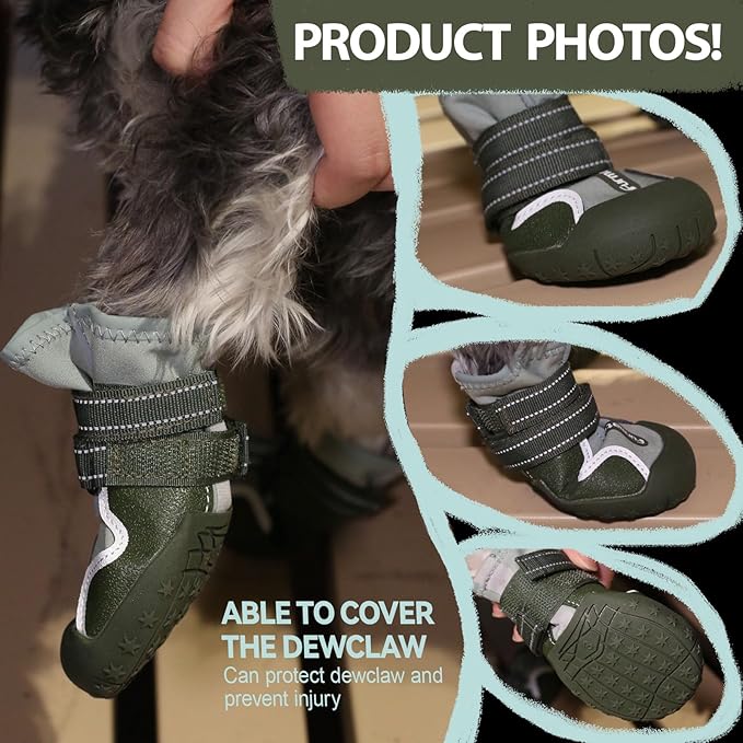 Dog Shoes for Large Small Medium Dogs,Dog Booties for Indoor Hardfloors Anti-Slip,Reflective Strip Waterproof Dog Boots & Paw Protectors for Outdoor Walking Hot Pavement,Winter Snow (Green-4)