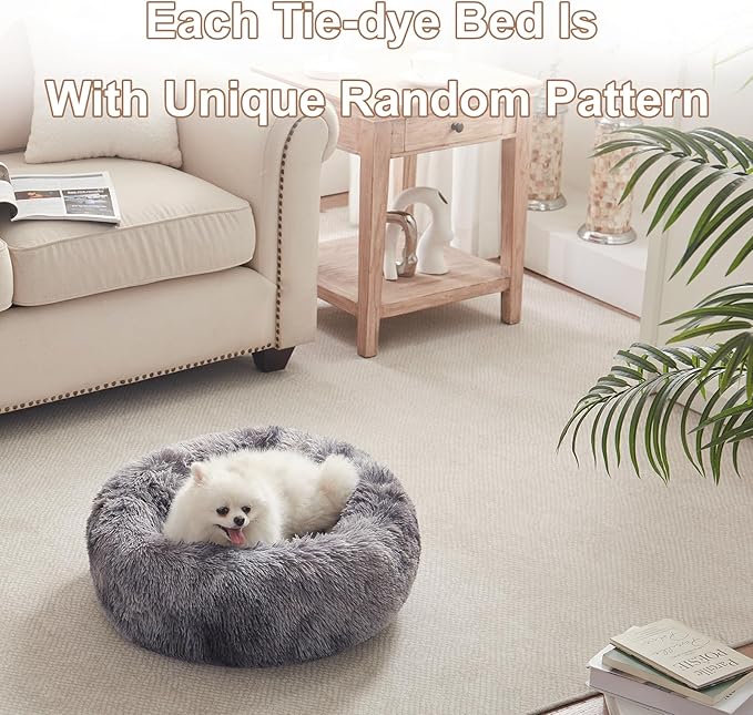 23 inches Donut Dog Bed for Small Dogs - Calming Washable Round Puppy Bed with Removable Cover, Fluffy Plush Pet Bed for Cats & Dogs, Fits up to 25 lbs Pets (Tie-dye Grey,Small)