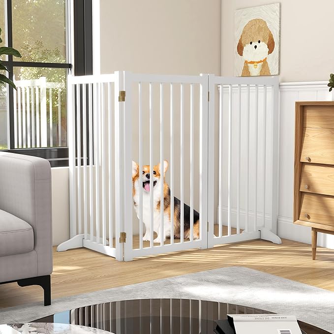 36" H Freestanding Dog Gate, Solid Wood Foldable Pet Gate with Support Feet, Wooden Tall Dog Gate for Doorway, Stairs & Indoor Use, 60" Wide Expandable Pet Fence, 3 Panels, White