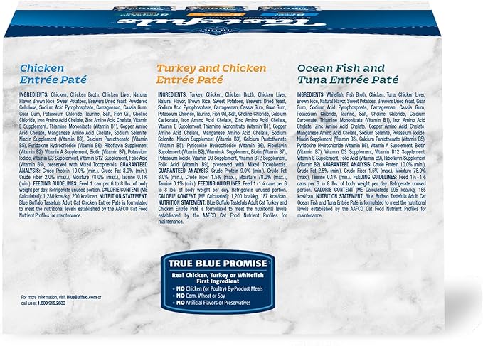 Blue Buffalo Tastefuls Wet Cat Food Paté Variety Pack Chicken Turkey & Chicken Ocean Fish & Tuna, 5.5 oz. Cans (12 Count)