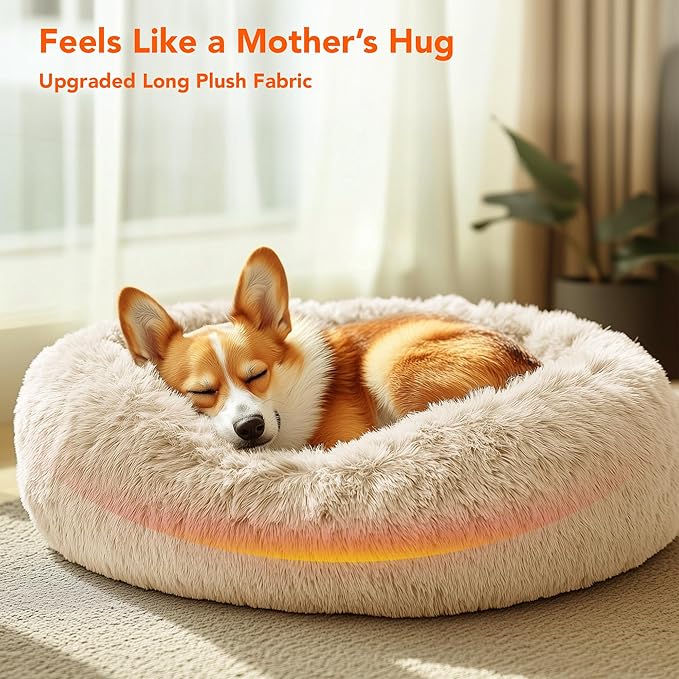 Deconovo Calming Donut Dog Bed, Washable Plush Round Pet Bed for Small Dogs & Cats with Raised Rim, Non-Slip Base and Soft Faux Fur—Lightweight, Easy-Care Design Beige 30" L x 30" W x 8" Th