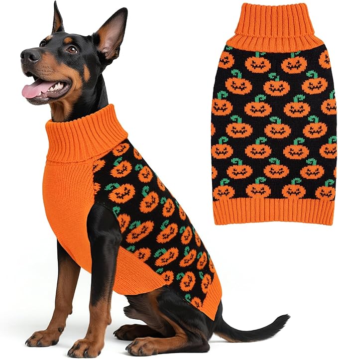 KYEESE Halloween Dog Sweater for Large Dogs with Leash Hole Festive Pumpkin Turtleneck Thick and Soft Orange Knitted Outfit Warm Puppy Sweater for Winter Cozy Dog Clothes for Halloween, XXX-Large