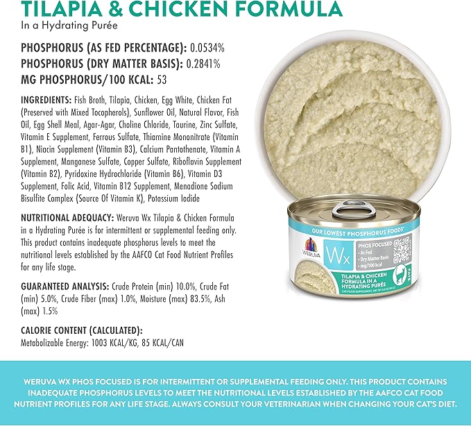 Weruva Wx Phos Focused, Tilapia & Chicken Formula in a Hydrating purée, 3oz Can (Pack of 12)