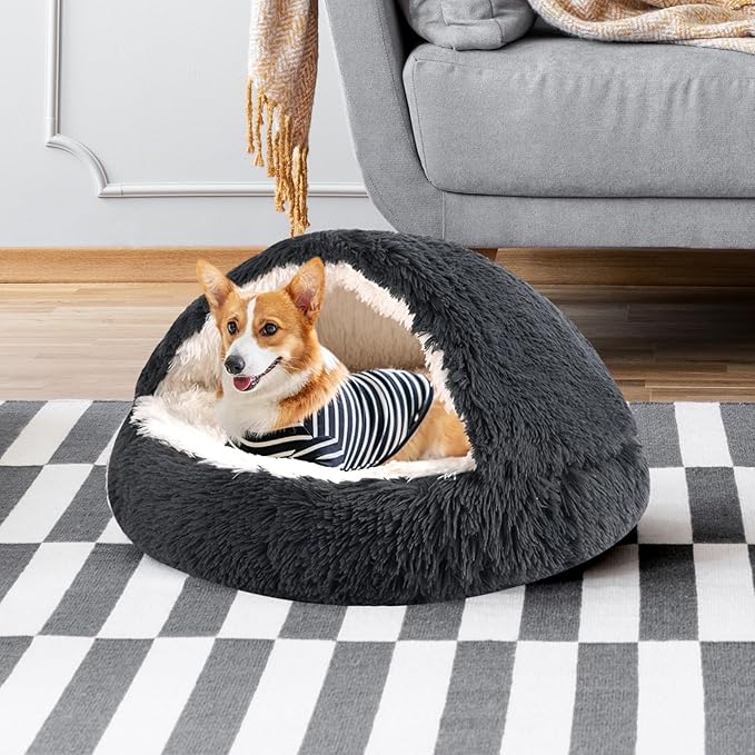 Round Hooded Cat Bed & Dog Bed with Cover Cave, Dog Bed for Small Dogs, Faux Fur Cuddler Round Coved Cat Bed Self Warming Donut Dog Bed Fits up to 5 lbs Pets(Dark Grey, 16inch x 16inch)