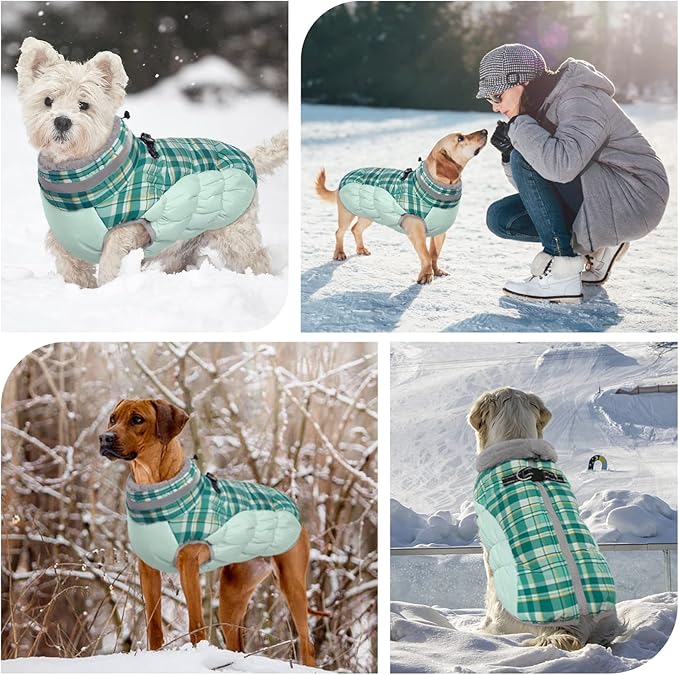 FUAMEY Dog Coat for Small Dogs,Waterproof Dog Winter Jacket with Harness Built in Puppy Cold Weather Coats Reflective Pet Vest with Zipper Warm Fleece Dogs Snowsuit Windproof Green Plaid S