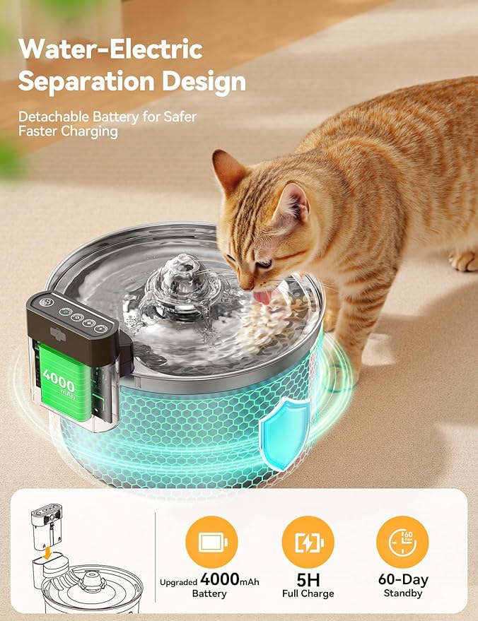 Wireless Stainless Steel Cat Water Fountain- Safe Water-Electric Isolation, 3.5L Capacity with 4000mAh Detachable Battery, XL Filter, Ultra-Quiet Pump, Battery Operated Smart Sensing for Cats & Pets
