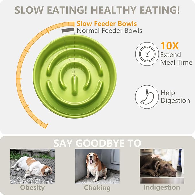 Ceramic Slow Feeder and Water Bowl Set for Medium and Large Dogs, Ceramic Dog Bowls Elevated with Wooden Stand, 2.0 Cups Dog Slow Feeder(30oz) and 70oz Water Bowl Set, Green