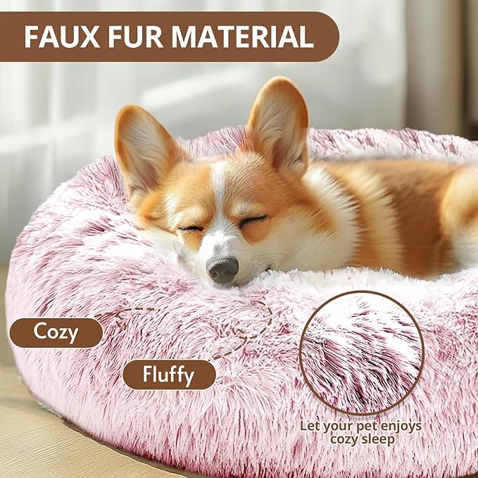 JOLLYVOGUE Large Calming Dog Bed, Anti-Anxiety Donut Cuddler Cat Bed with Anti-Slip Bottom, Fluffy Faux Fur Machine Washable Pet Cushion for Medium Large Dog & Cat, 36"/Smoke Pink