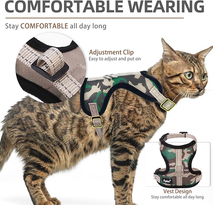 PUPTECK Cat Harness and Leash Set Escape Proof, Reflective Adjustable Soft Mesh Kitten Vest Harness for Walking Travel, Camouflage, M