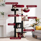 Cat Tree with Tunnel, Cat Tower for Indoor Cats, Tall Gothic Cat Tree Tower with Cat Condo, Food Station, Large Platform, Scratching Posts, Hammock, Black and Red GCT021BR