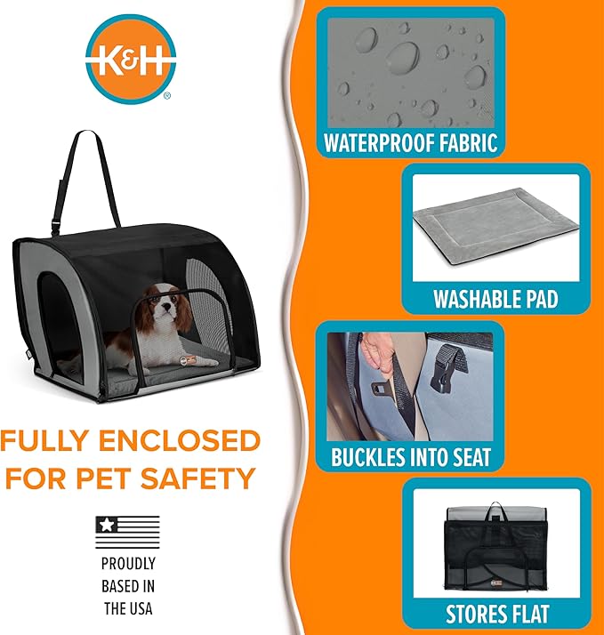 K&H Pet Products Enclosed Dog Car Seat, Travel Safety Carrier for Pets, Dog Travel Car Seat, Soft-Sided Covered Cat Carrier, Washable Pad, Multiple Entrances, Mesh Windows - Medium 24 X 19 X 17in