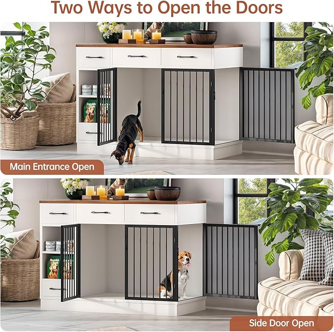 47.2" Dog Crate Furniture with Storage Drawers & Hidden Bowl, Wooden Indoor Kennel with Shelf & 2 Doors, Pet Cage for Small/Medium Dogs