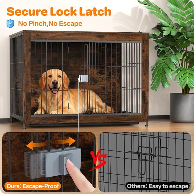 Dog Crate Furniture, Wooden Dog Crate 43in, Decorative Cage with End Table for Dog Indoor Kennel, High Anxiety Dog, Escape-Proof Locks for All Breeds