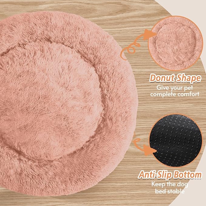 JOLLYVOGUE Calming Dog & Cat Bed for Small Dogs, Anti-Anxiety Donut Cuddler Cozy Soft Round Bed with Anti-Slip Bottom, Fluffy Faux Fur Plush Cushion Beds for Small Medium Dogs (27")