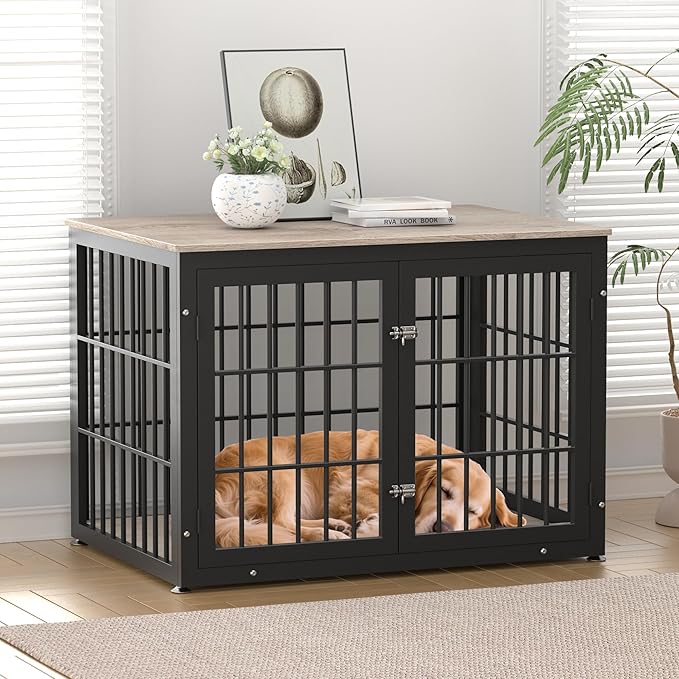 42 Inch Heavy Duty Dog Crate Furniture for Large and Medium Dogs, Decorative Pet House End Table, Wooden Cage Kennel Furniture Indoor, Grey