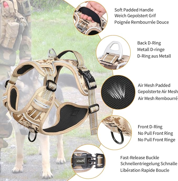 HEELE Dog Harness, No Pull Adjustable Padded Reflective Harness for Small Medium Large Dogs with Handle for Walking Training, Camo Tan, M