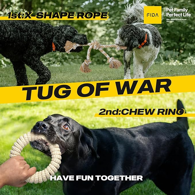 Fida Heavy Duty Dog Rope Toys for Aggressive Chewers 4pcs Pack – Natural Cotton Dog Chew Toys for Large Dogs, Tug-of-War & Fetch Rope Ball/Ring/Knot/Twist to Keep Them Busy