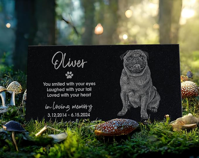 In Loving Memory Pet Memorial Stone w/ Engraved Image: Dog, Cat, Puppy, Kitten Grave Marker for Backyard, Garden Tribute, Cemetery Tombstone, Graveside Ornament, Burial Marker